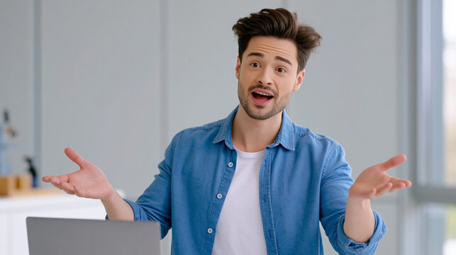 Young man talking and gesturing enthusiastically near laptop at home, yapping, communication, expressive conversation and storytelling concept