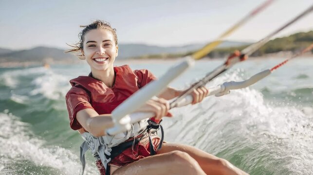 Woman enjoying kitesurfing adventure on sunny beach day