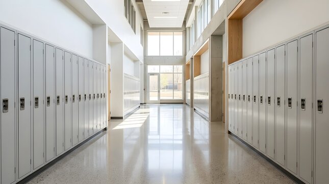 Modern empty school hallway or corridor interior with rows of grey lockers, high ceilings, and shiny polished floor