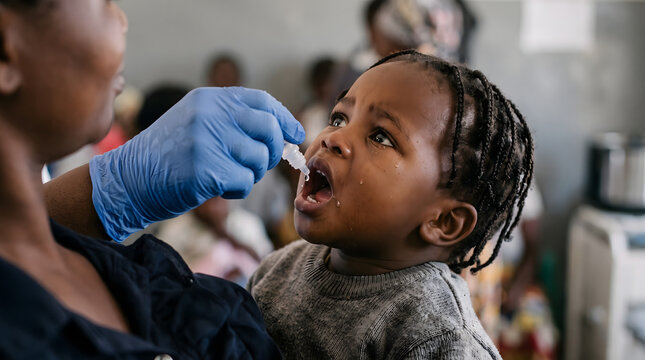 Child receiving vital vaccination drops from healthcare worker.