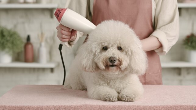 Adorable fluffy dog enjoying grooming session with hair dryer in cozy pet salon