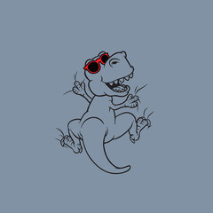 Funny Cartoon T-Rex Character Wearing Cool Red Sunglasses Jumping and Dancing Illustration Vector © itsaart