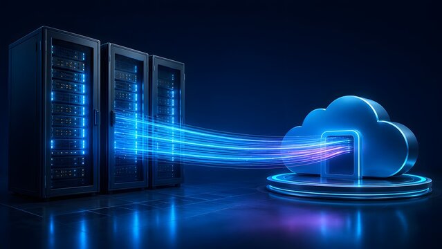 High tech server racks transferring glowing digital data streams into a secure cloud computing storage infrastructure for enterprise network backup