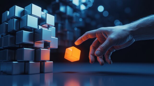 A human hand reaching out to touch a glowing orange cube floating near a complex structure of metallic cubes, representing digital innovation and creative problem solving