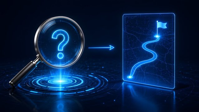 Magnifying glass inspecting a glowing digital question mark resolving into a strategic navigation map with destination flag for business problem solving
