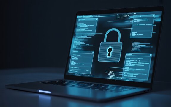 A laptop computer screen displaying lines of programming code and a large glowing padlock representing cybersecurity, data encryption, and secure software development process