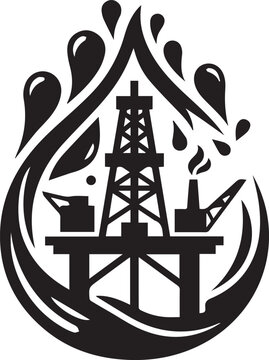 Industrial offshore drilling rig platform vector icon surrounded by stylized black oil drops representing fossil fuel energy.