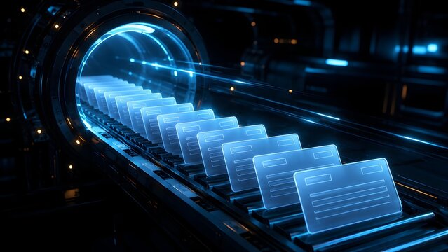 Glowing digital email envelopes traveling through a futuristic blue technology tunnel representing secure electronic communication and automated data message transmission