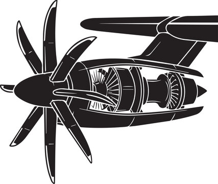 Aviation turboprop engine cross section illustration with propeller blades showing internal turbine components for engineering.
