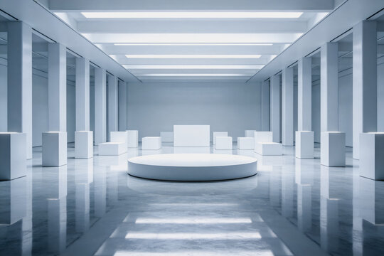 A spacious, empty modern art gallery interior with white display pedestals, a circular platform, and polished reflective floors. Bright linear ceiling lighting illuminates the minimalist space.