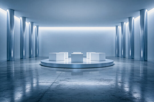 A spacious, minimalist empty exhibition hall with a central circular display platform and symmetric metallic columns, featuring polished concrete flooring and recessed lighting.