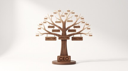 Fototapeta premium Stylized wooden tree structure representing organizational hierarchy and company structure concept, isolated on white background