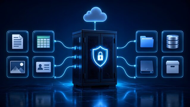 Secure server cabinet with a glowing digital padlock shield routing encrypted corporate file types to cloud computing storage representing safe internet database synchronization