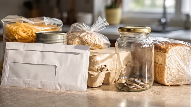 Household energy debt food donation kitchen counter with envelope, groceries, jar, coin, bread, package, pasta, tin can, egg carton, grain and pantry
