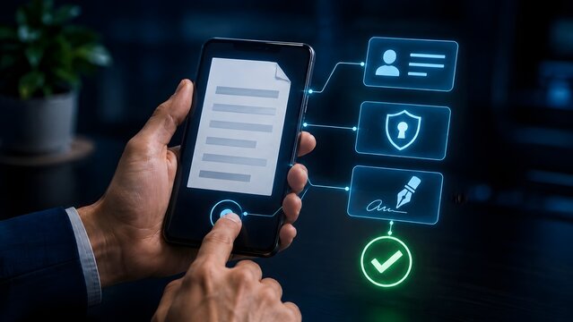 Secure electronic signature application on mobile phone displaying digital document verification identity protection and cryptographic approval interface.