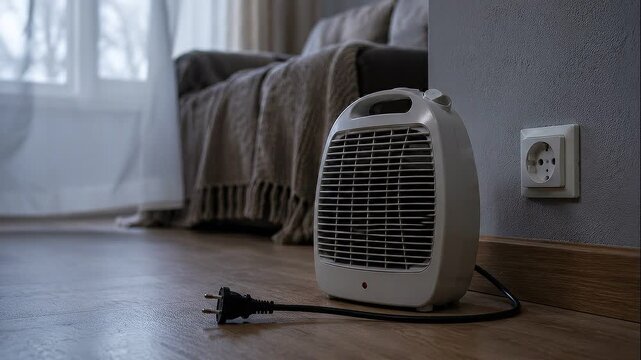 Portable electric heater in living room near wall outlet for household energy debt and cozy bedroom use