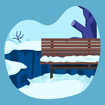 A flat design vector illustration of a wooden park bench covered in snow, surrounded by a winter landscape with bare trees and deep snowdrifts.