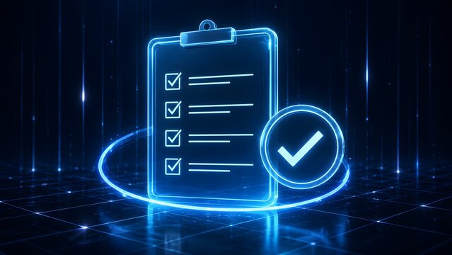 Futuristic digital checklist interface with glowing checkmarks representing quality assurance compliance audit business process and task completion.