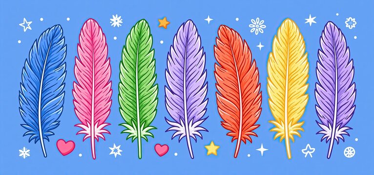 Elegant feather quill illustrations celebrating multilingualism with vibrant colors and diverse cultural symbols.