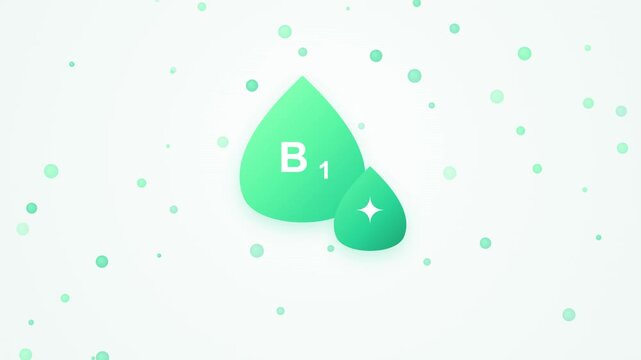 Vitamin b1 droplet icon animation with floating particles on clean light gradient background.