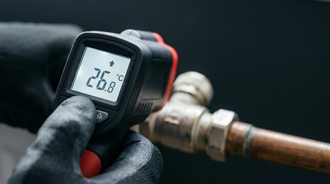 Infrared thermometer measuring temperature on a heating pipe valve for home energy efficiency.