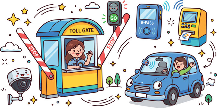 Cute Cartoon Highway Toll Gate Scene with Driver Car Booth Officer E-Pass Payment and CCTV Security Camera Graphic Illustration