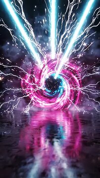 Colorful swirling vortex with beams of light emerging from the center, creating a mesmerizing visual effect against a dark starry background with reflective water surface