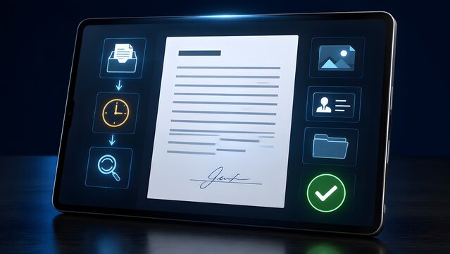 Digital document management system on tablet screen interface illustrating seamless electronic signature workflow and secure corporate compliance approval process.