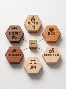 PESTLE analysis concept represented by wooden hexagon blocks with business strategy icons on a white background