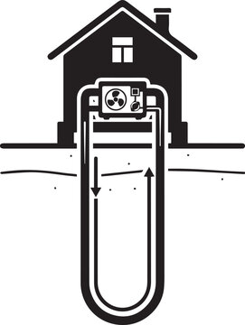 Geothermal heat pump system diagram with ground loop piping and building icon representing sustainable renewable energy source.