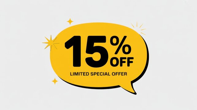 Bright yellow speech bubble featuring 15 percent off text for limited special offer promotions and retail marketing campaigns isolated on a plain white background