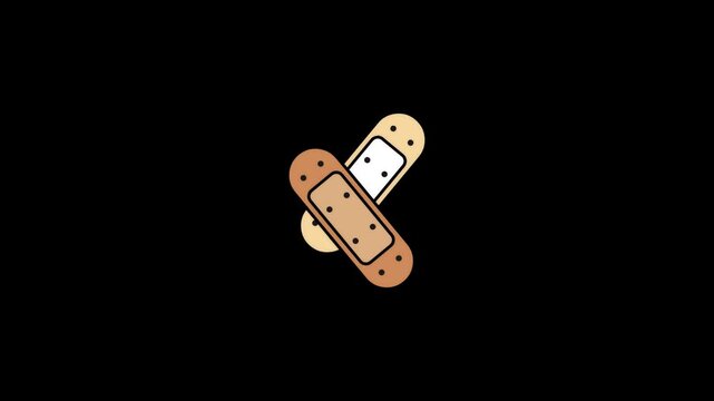 Animated adhesive bandage crossing over black background in dynamic flat cartoon style.