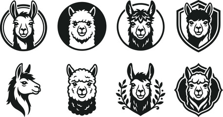 Naklejka premium Set of eight llama and alpaca head and featuring circular frames and shield shapes in black and white