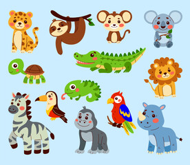 Fototapeta premium Cute baby animals. Cartoon lion and leopard. Jungle zoo for kids. Flamingo, parrot characters. Playful, funny, bright mascots, colorful adorable rainforest savanna mammal. Vector tidy isolated set