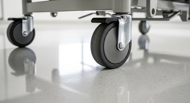 Hospital bed wheels on sterile floor during hospital bed mobility in medical center. Modern hospital bed equipment features durable casters for transport. Essential hardware for safe patient movement.