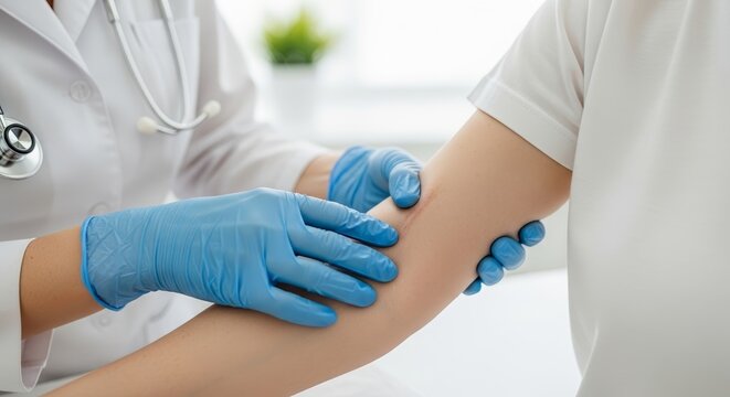 Medical checkup involving doctor and patient during medical checkup in clinic office. Professional medical checkup includes examination of arm by physician in gloves.