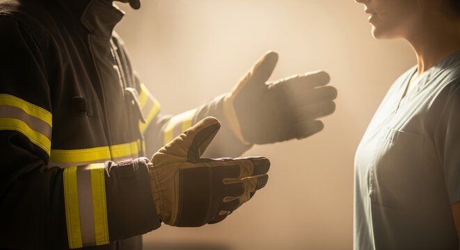 Emergency service worker talk with medical professional. Emergency service worker shares critical details while collaborating with medical professional. Expert emergency service worker team work.