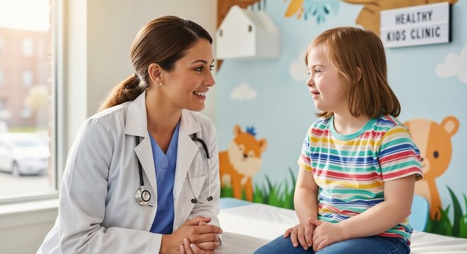 Friendly pediatrician examine young girl in bright office. Friendly pediatrician provide quality checkup for small patient in clinic.
