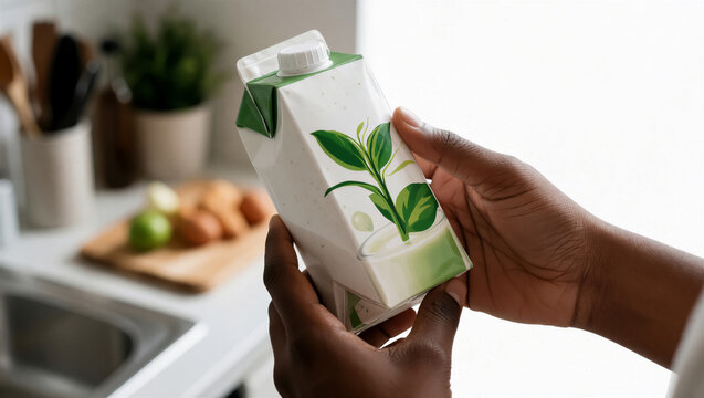 Close-up of a hand holding a plant based drink carton in a clean kitchen. Emphasizing a healthy lifestyle with eco friendly and sustainable packaging. Perfect for vegan food concepts