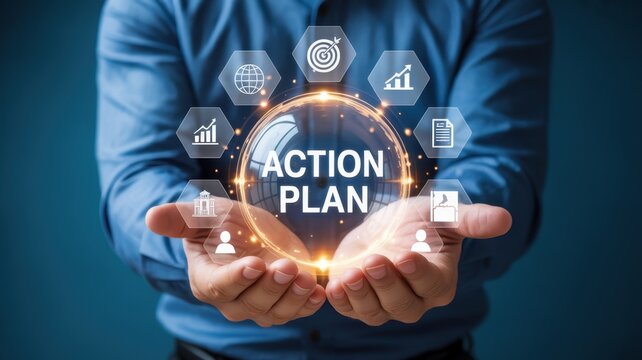 Business holding glowing digital sphere with action plan text and surrounding representing strategic planning, corporate goals, and management development