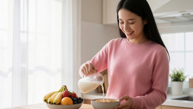 A happy young Asian woman pours fresh milk into a bowl of cereal for breakfast. She stands in a bright kitchen with a bowl of fresh fruit on the table