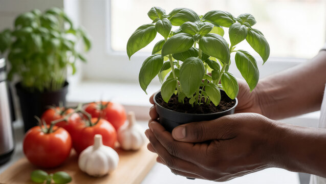Close-up of a hand holding a fresh potted basil plant in a kitchen. Ripe tomato and garlic are on a wooden board in the background