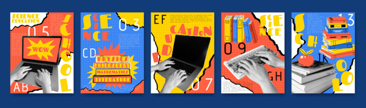 Education poster halftone. Collage of books, computer. Studying on laptop. Vintage, textured banner. Online training abstract shapes. Vibrant online course. Modern communication. Vector garish set