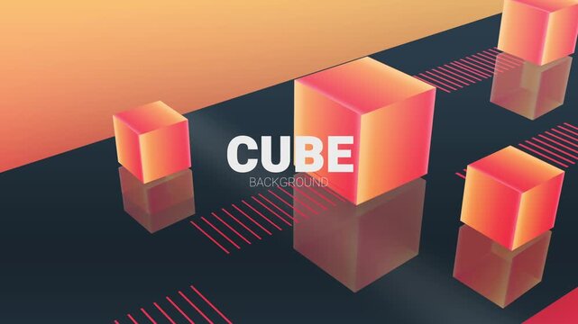 Abstract 3D motion background with floating orange cubes and digital lines on dark surface.