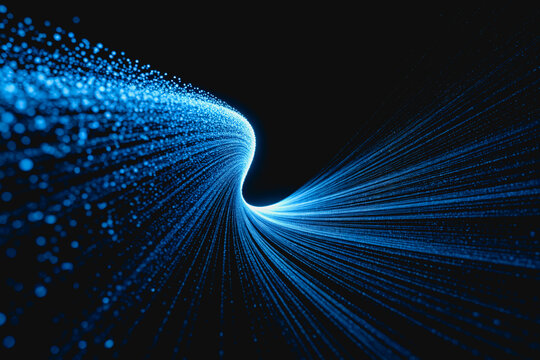 A dynamic 3D rendering of glowing blue particle streams twisting and curving against a dark background, representing digital data flow or futuristic energy.
