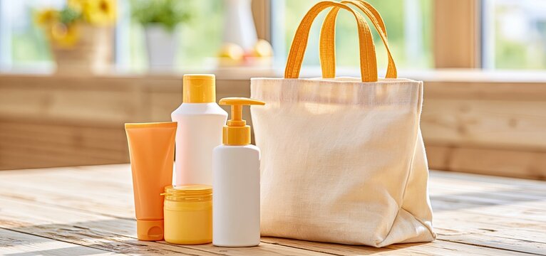 Sun protection essentials including sunscreen and a tote bag arranged on a rustic table in warm sunlight.