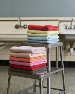 Stacked Colorful Hand Towels on Step Stool in Classroom Sink Area