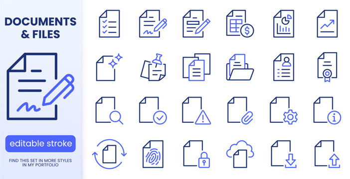 Document line icons set. Paper form, checklist, sign contract, ai note file, manual, invoice, cv record flat minimal vector illustration. Simple outline pictogram. Blue duotone color. Editable Stroke.