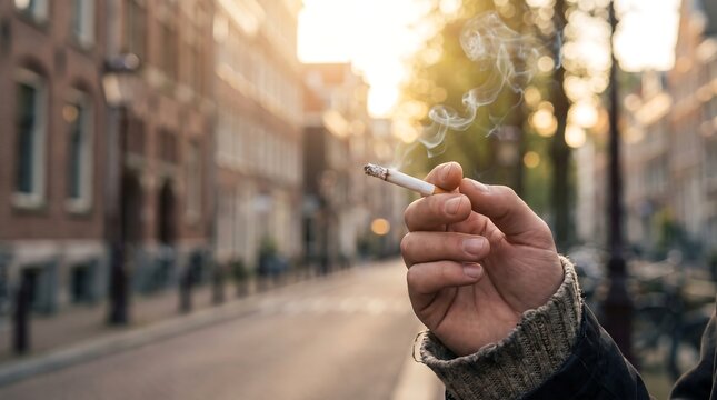 Person holding a lit cigarette while standing on a European city street at sunset with soft glowing golden sunlight in the background