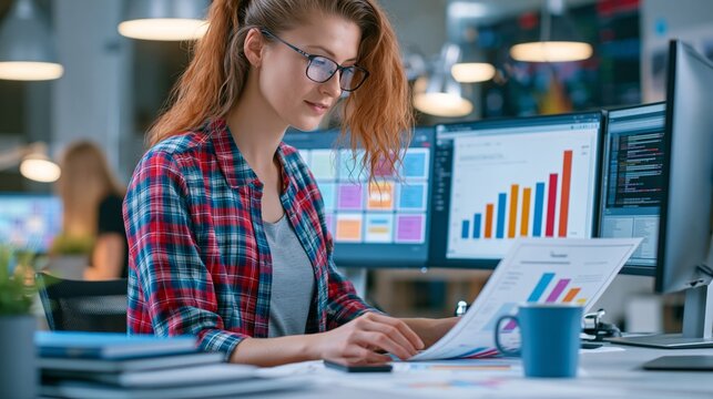 Data Analyst Reviewing Analytics Summary and Charts at Modern Office Desk
